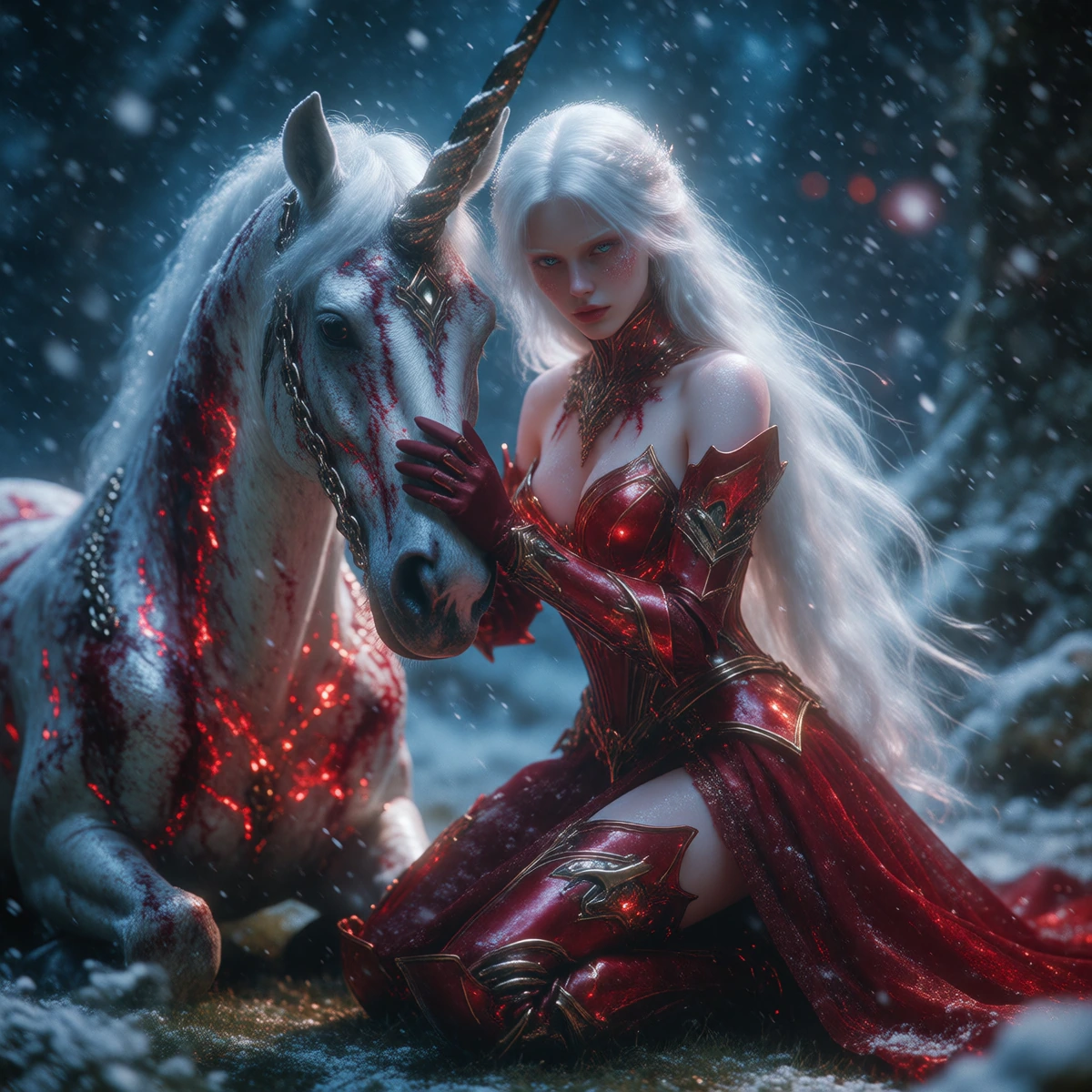 share. I used Grok, Midjourney, Bing, Perchance, Gemini & C created one on Meta Dark fantasy cinematic portrait of a pale, ethereal woman with very long flowing white hair, kneeling beside a wounded unicorn in a snowy mystical forest. She wears an in