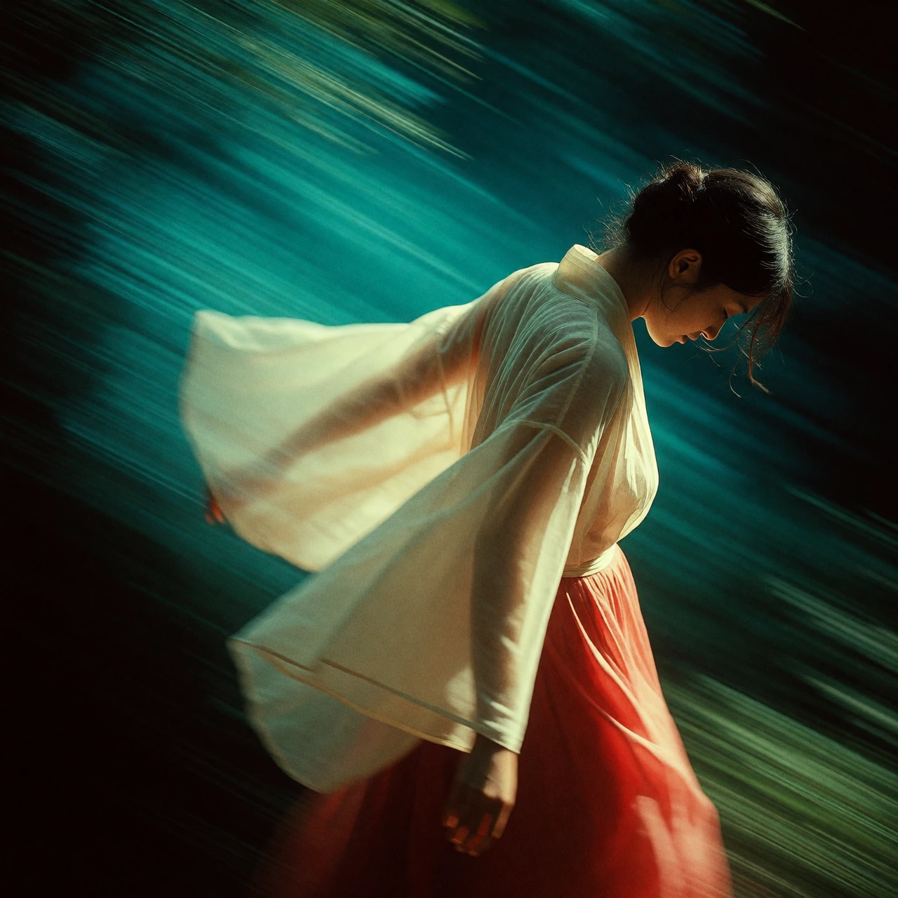 adult woman caught mid-movement and pushed toward the right side of the frame with her head bowed low and face completely hidden by her own downward tilt, dark hair pinned loosely with stray pieces falling forward, wearing a wide-sleeved sheer ivory-