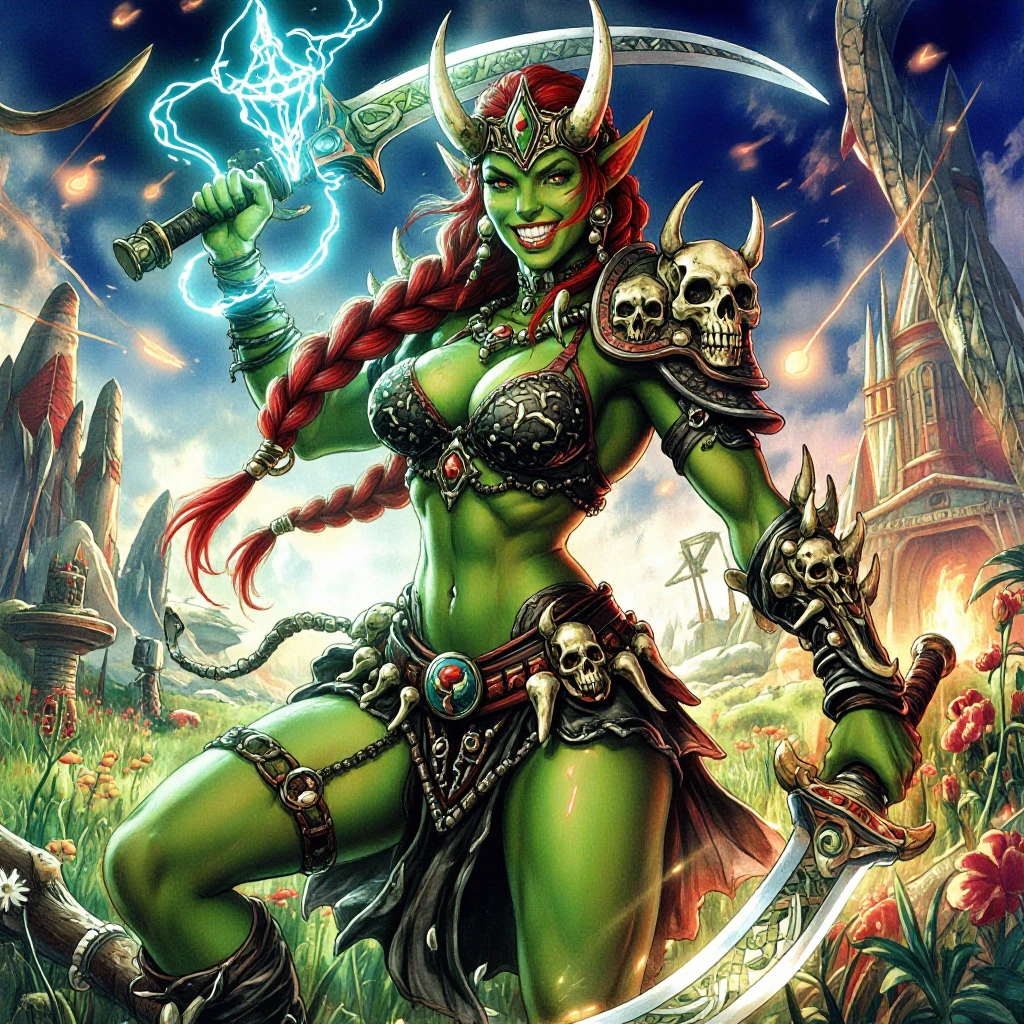 A gorgeous female Orc warrior wielding two curved scimitars. green skin, muscular, ornate bone heavy armor with skulls for shoulder pads, black fabric