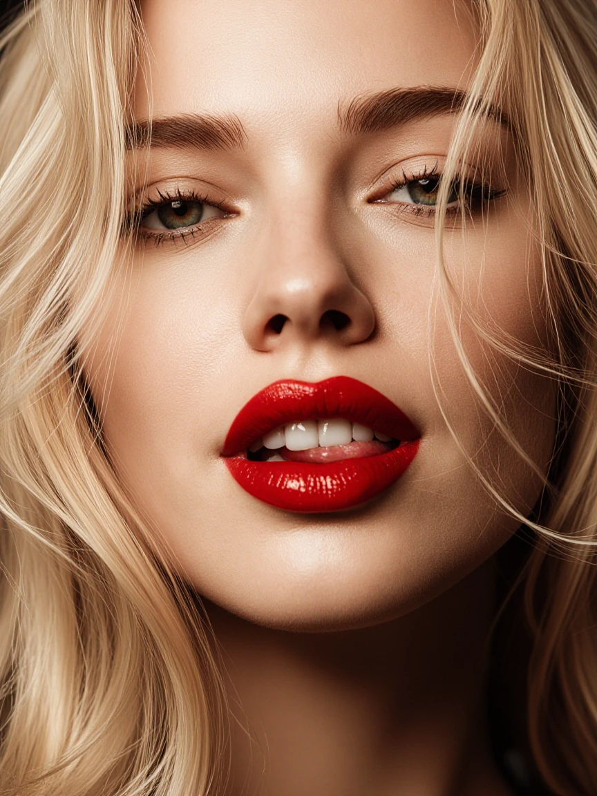 Extreme Closeup of A stunningly beautiful young woman with sensual green eyes full crimson lips in a sensuous pout and lustrous wavy champagne blonde hair. She wears a sultry smile.