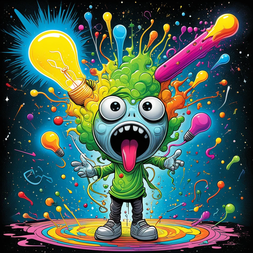 Capture a whimsical cartoon-style illustration of a wide-eyed creative person mid-vomit, expelling a spectacular cascade of colorful ideas instead of anything gross — vibrant rainbow lightbulbs, swirling thought bubbles, tiny dancing paintbrushes, mi