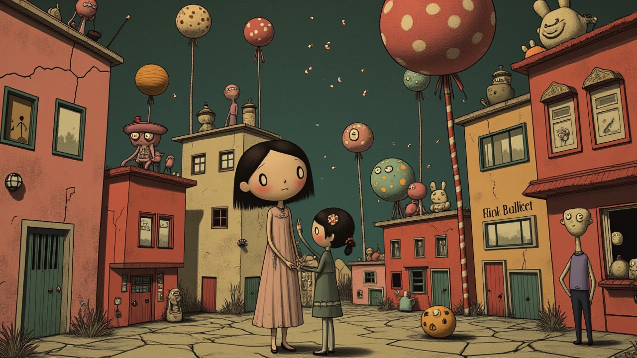Dynamic wide cinematic keyframe in a dark, moody, yet adorable avant-garde art style blending Mark Ryden, David Lynch, and Tim Burton. The scene depicts a stunning, melancholic young woman with delicate features and an elegant, slightly unsettling be