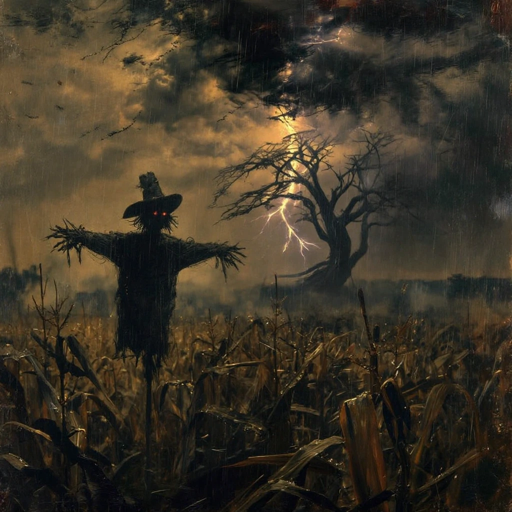 Gothic-Romantic maize field at dusk rendered as 19th-century oil painting: rain as silver needles caught in oblique lightning, each droplet luminous and sharp in the extreme foreground. Scarecrow with ember-red eyes silhouetted against roiling cloud,