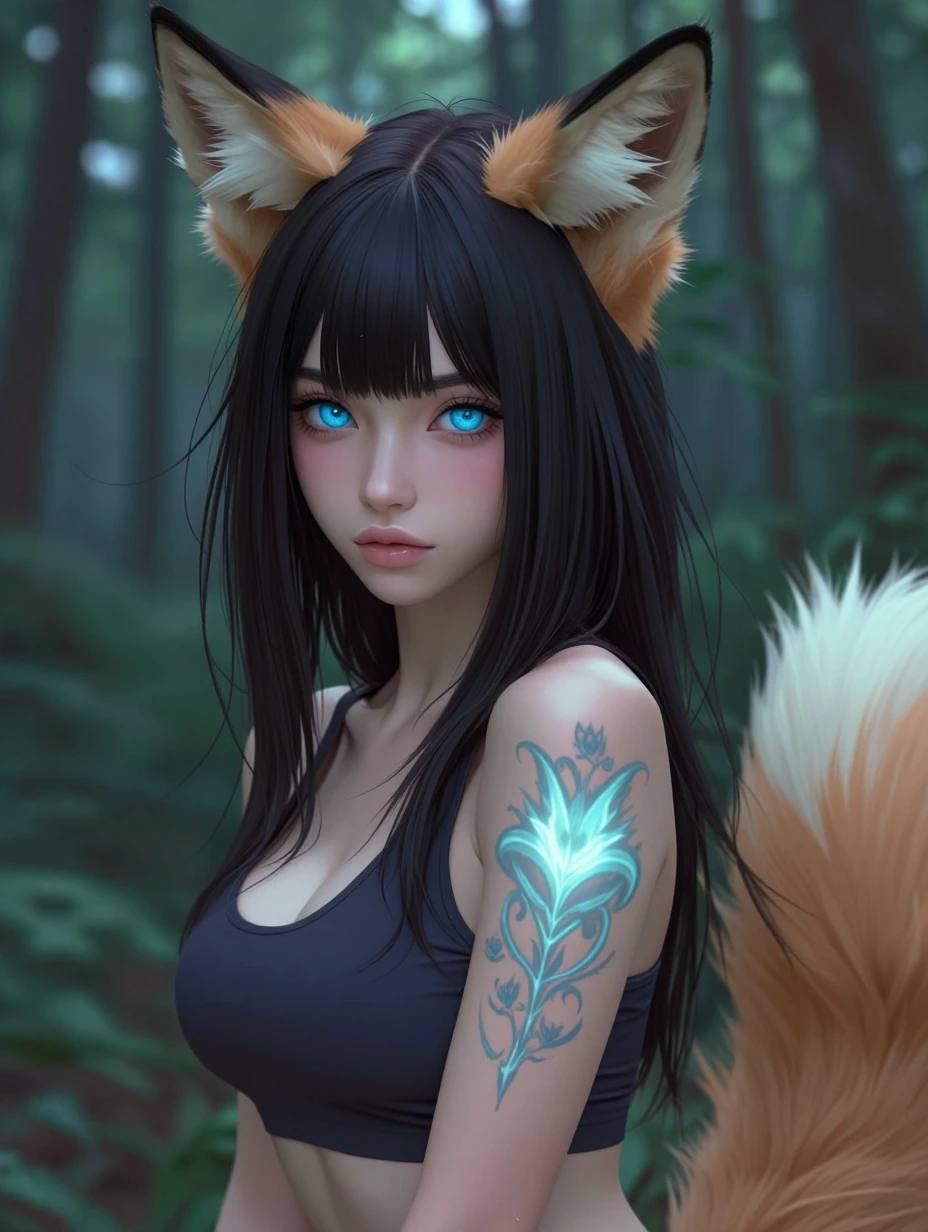 Beautiful woman, bright blue eyes, fox ears, and fox tail,realistic manga style photograph mixture, bright glowing tattoos, airbrushed, mystical forest, Jean cut off and cropped top.