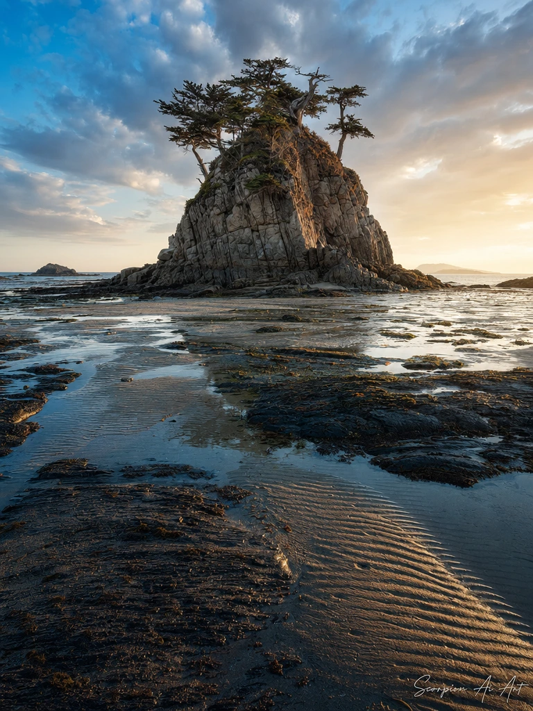A tidal island revealed at low tide: weathered granite pinnacle crowned with windswept driftwood trees, surrounded by exposed tidal flats of rippled sand and dark wet stone still glistening with retreating seawater. Shot during that brief liminal hou