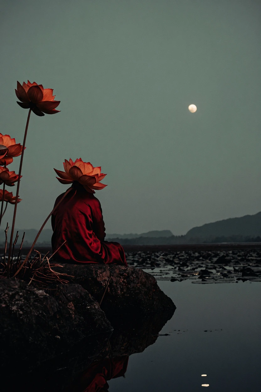 a figure in a deep red silk garment seated on a small rocky island crammed into the lower-left corner of the frame with the island itself partially cut by the left edge, face turned completely away buried behind an enormous lotus bloom that presses i