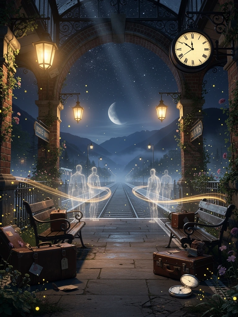 An enchanting abandoned railway station rests beneath a sky filled with stars after the final train has departed forever. Warm lanterns still glow softly along the empty platform while a gentle veil of mist drifts across silent tracks stretching towa