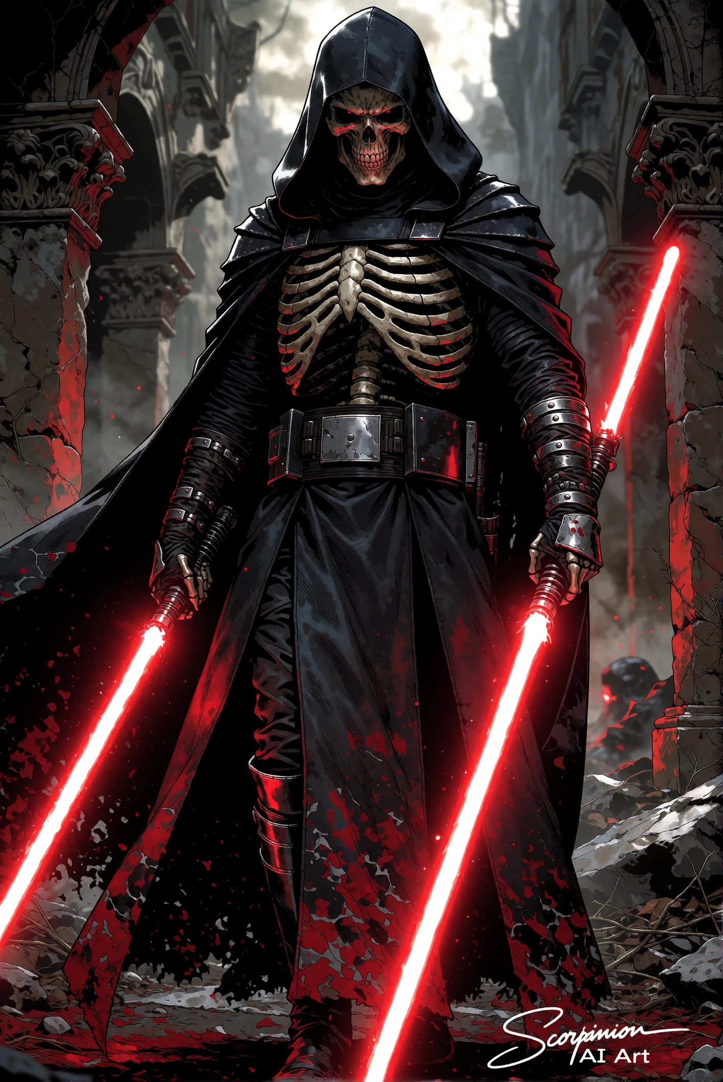 Full view Skeleton Sith Warrior, dual red lightsabers, gothic horror Chaos Art style, Add Signature: Scorpion AI Art