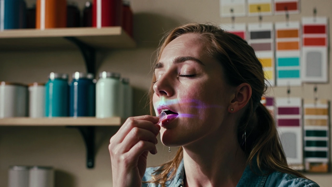 Cinematic close-up of a woman in her 50s in a dim, cluttered paint-mixing studio, eyes closed, a single drop of clear liquid on her tongue from a smal