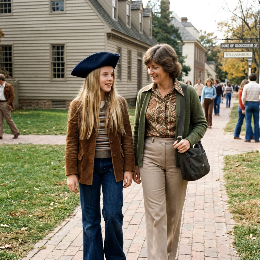Teenager in the 1970s long straight blonde hair with her mom at Williamsburg, Virginia. The teenager is wearing a three cornered hat.