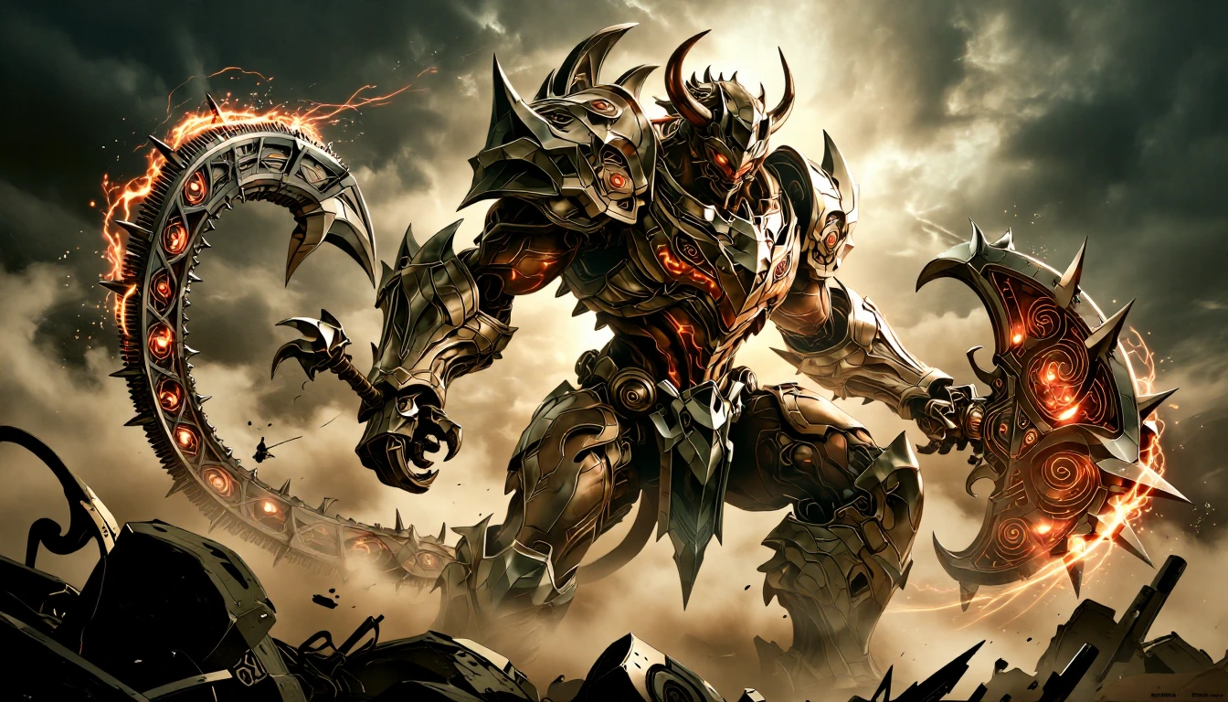 A towering Scag Avatar dominates the battlefield, its jagged obsidian armour adorned with glowing promogen sigils pulsating with crimson energy. Clutching a serrated chainsword in one clawed hand and a spiked energy shield in the other, it stands ato