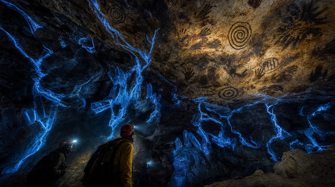 Underground cavern: explorers with headlamps discovering jagged blue-glowing quartz formations shaped like branching lightning bolts fused into dark stone walls. The crystals emit a faint electric-blue phosphorescence that casts sharp shadows across 