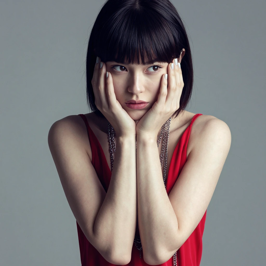 Woma holding her face in her hands, she’s wearing a red dress and has long swooping necklaces
