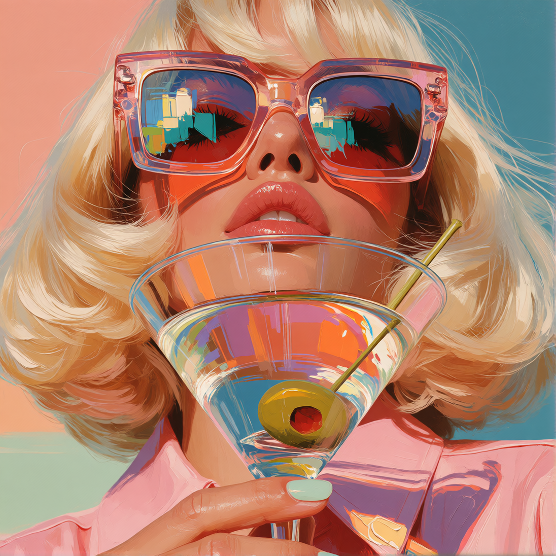 Vibrant pop-art style oil painting of a glamorous woman with voluminous, wind-swept platinum blonde hair, seen from a low angle with her chin tilted up. She wears oversized square translucent pink-and-blue framed sunglasses with mirrored lenses that