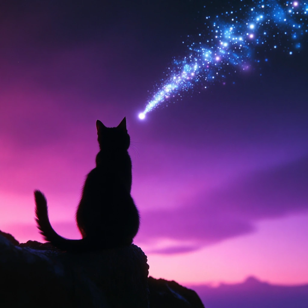 A luminescent comet frozen mid-trajectory through a dreamlike sky painted in electric purples and magentas, with a sleek black cat perched impossibly on its tail, gazing backward at the stars it abandoned.