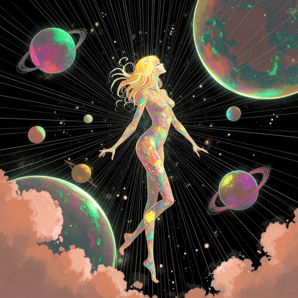 black rgb spectral 80s neon, Bw-grignani, An simple colorful naked woman Profil in outer space, dark with vibrant planets, made of very bold lines, emphasis lines, vertical and horizontal lines, perfect lines, infinity lines,