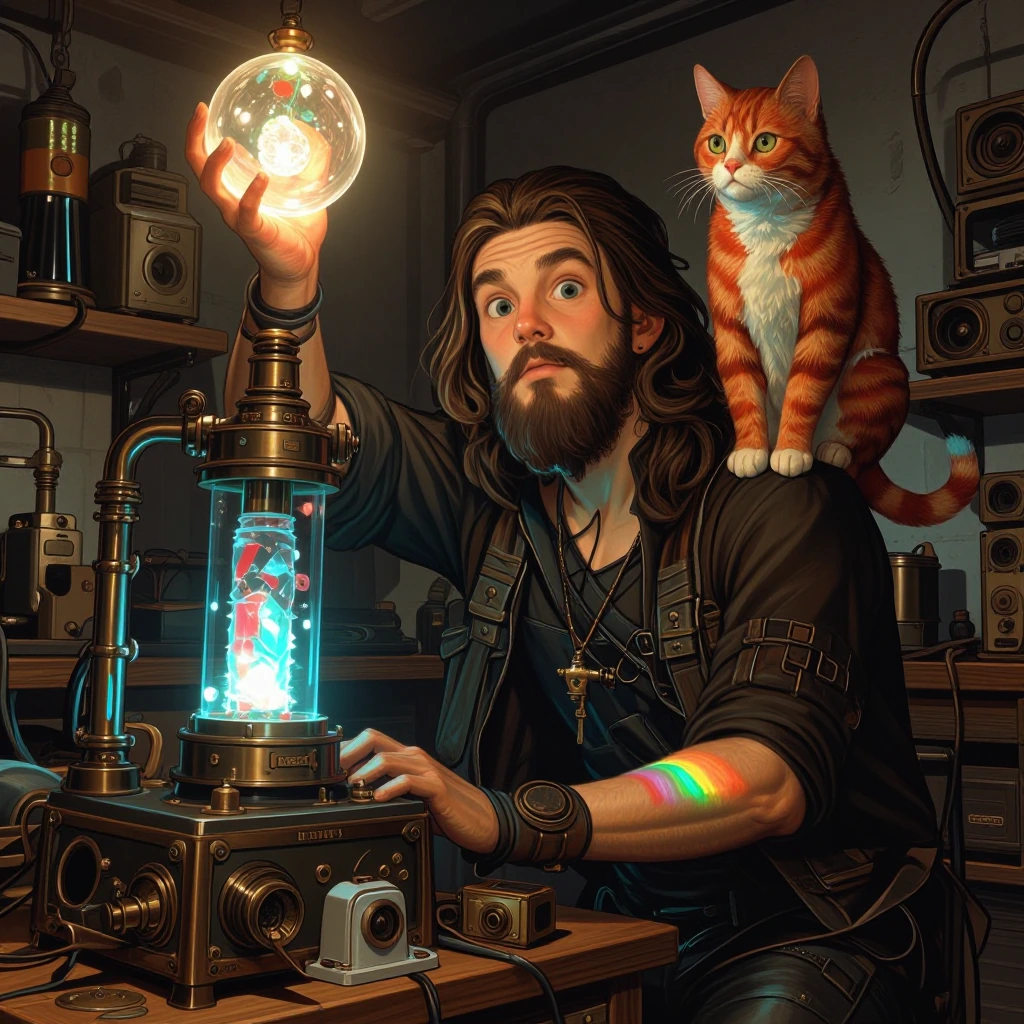 A wild-haired inventor in a cluttered workshop surrounded by glowing crystalline machinery, holding a glowing orb above their head, a curious orange tabby cat perched on their shoulder, vintage steampunk equipment casting rainbow light across the roo