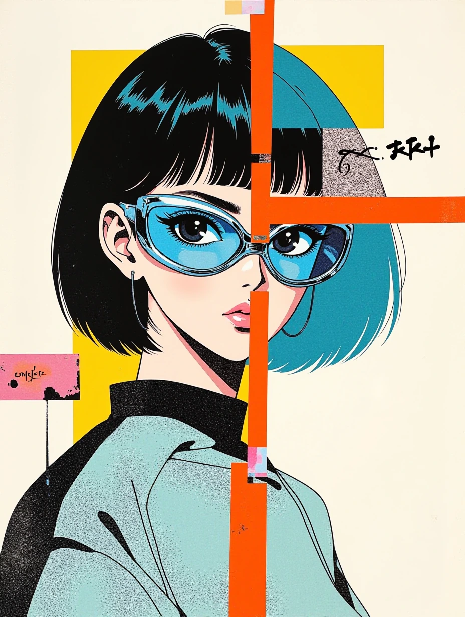 Ethereal brunette with blunt bangs, porcelain skin, and a quiet editorial stare wearing chrome blue…