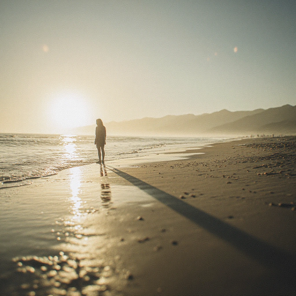 A solitary figure standing at the edge of wet sand where waves retreat, their impossibly elongated shadow stretching dramatically across the glistening shoreline toward the horizon, late afternoon light casting warm amber tones, the liminal space bet