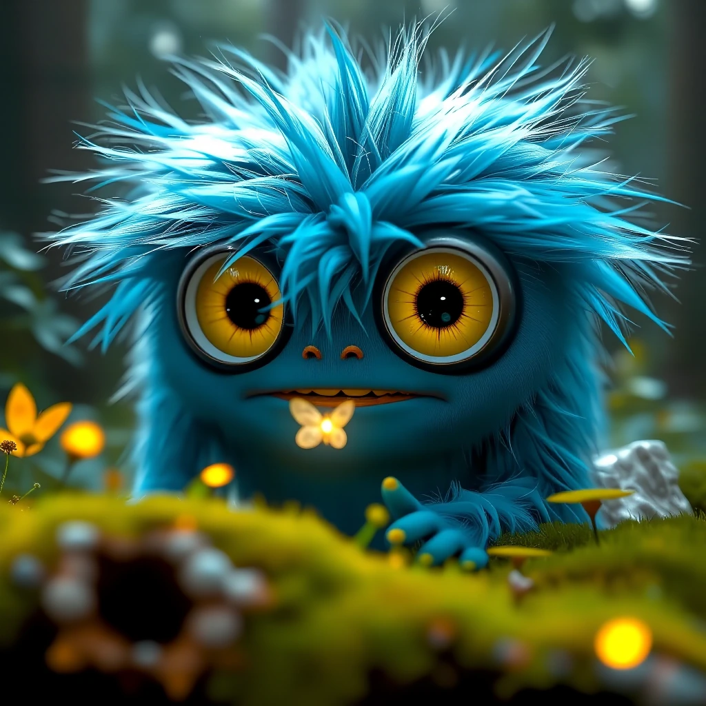A fluffy, bright blue monster with large, expressive yellow eyes, curiously watching a single glowing firefly in a forest and enchanted. (Focuses on character design, emotions, lighting, and setting.)