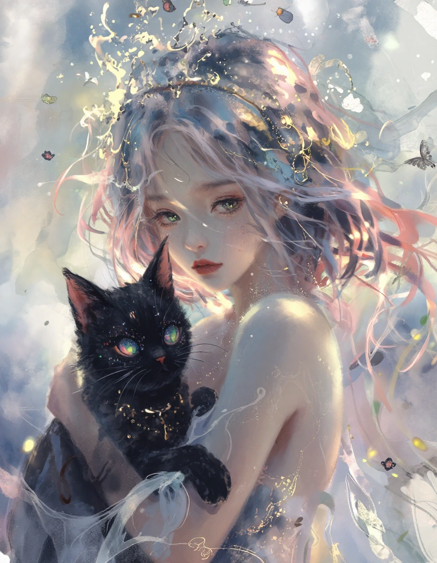 retro pop dark fantasy girl with her cat black glitter punk galaxy eyes
