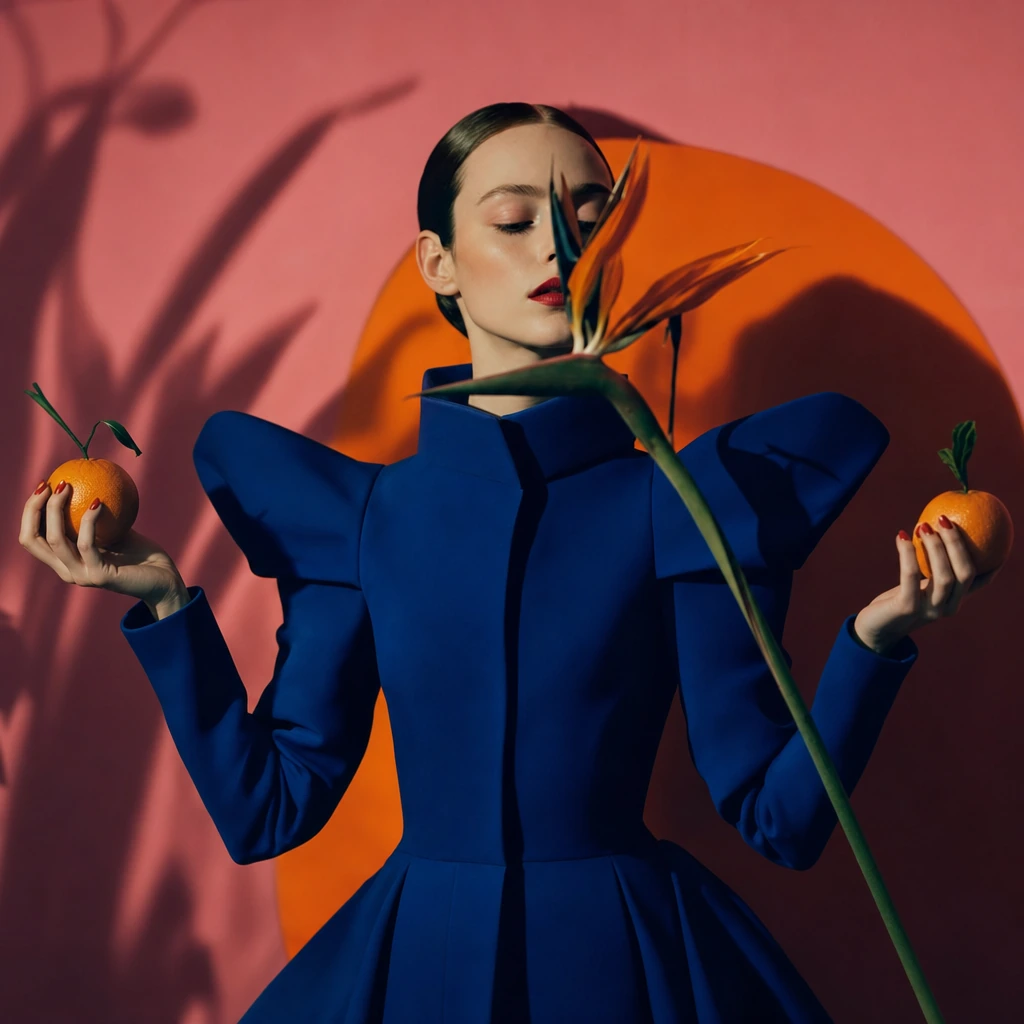 surreal luxury fashion editorial, emotionally restrained female figure in structured cobalt couture, holding citrus fruit like sacred artifacts, hyper