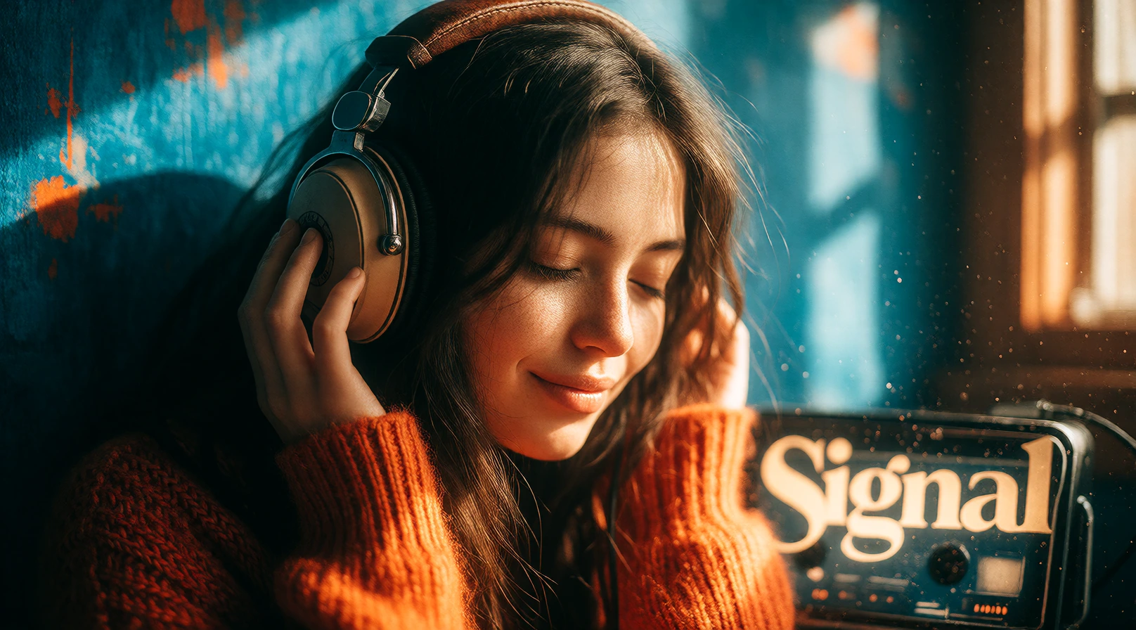 Capture a beautiful 20-year-old woman lost in the music, eyes closed, head tilted slightly back, a serene smile playing on her lips as she listens through oversized vintage headphones. Build the scene around a bold complementary color palette of deep