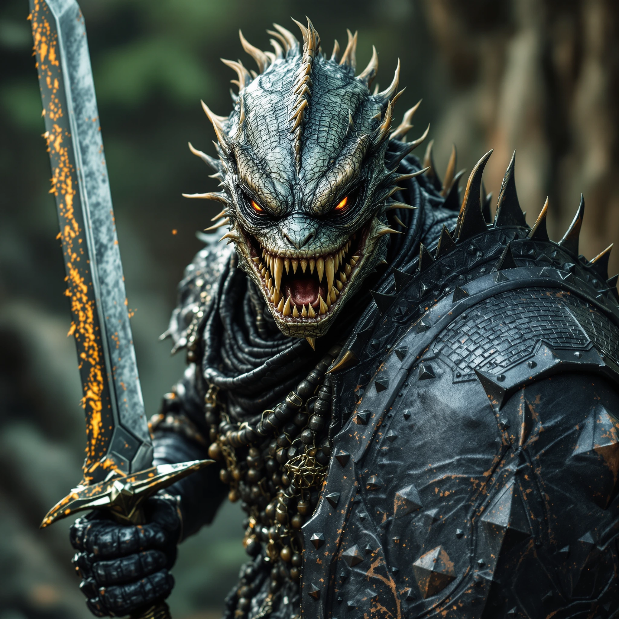 A human lizard hybrid resulting in a Lizardman, hyper-muscular, serrated sword and heavy shield, bla…