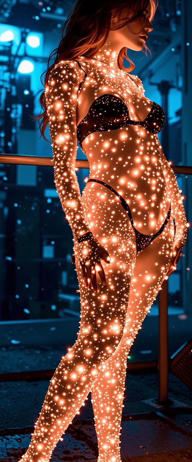 Fiberoptic lingerie caresses her curves with microscopic detail. Standing in pitch darkness, the tiny lights illuminate her skin, reflecting her beauty.
