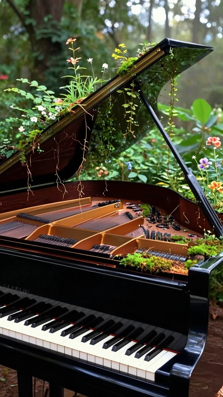 A grand piano photographed head-on mid-transformation: the keyboard and lower half rendered in polished black wood, the upper half and lid dissolving 