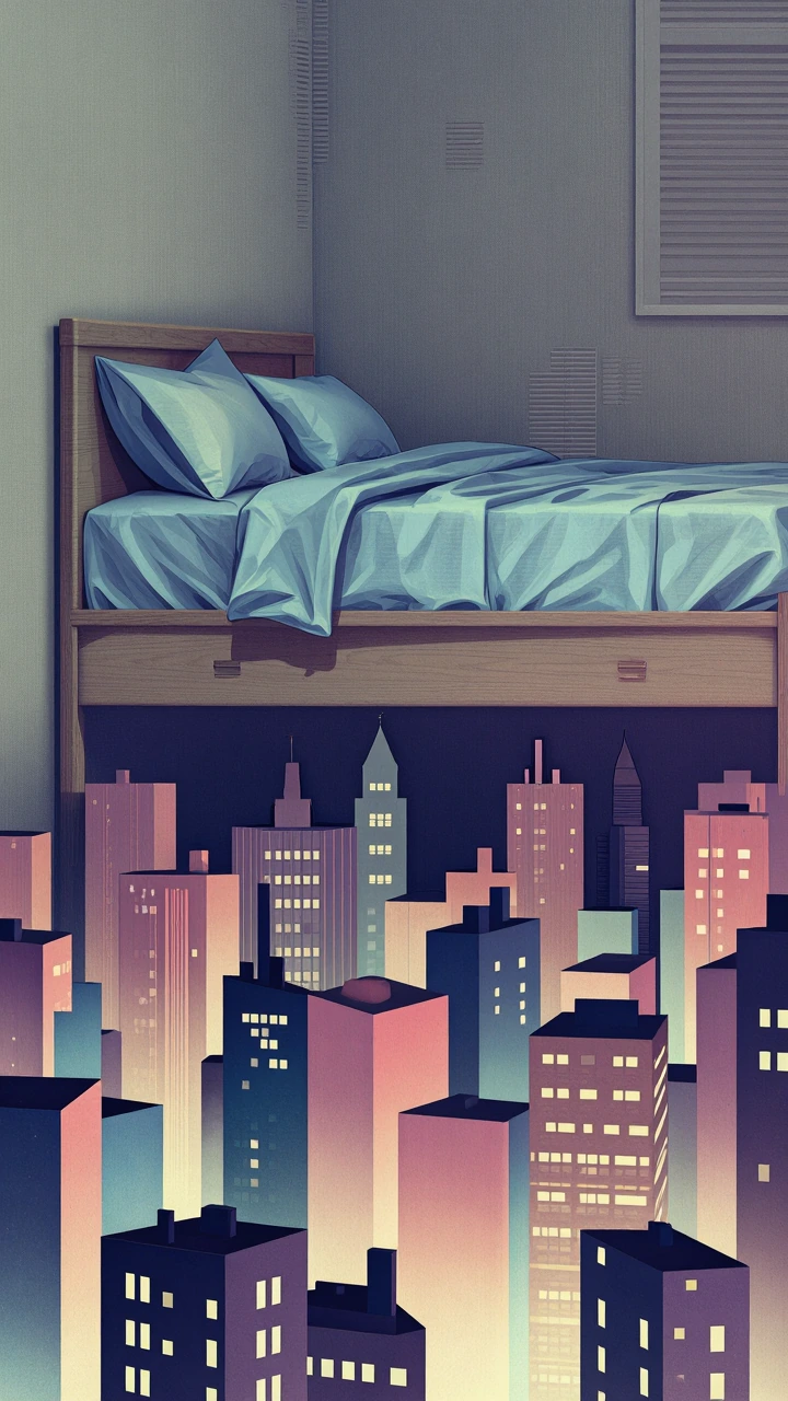 In my room beneath my bed, there's a city. Much like the one from the movie "Little Monsters." Or like the diorama from the movie "Beetlejuice." Use dynamic contrast and sharp color transitions. Add subtle hues of light, like street lights from anoth