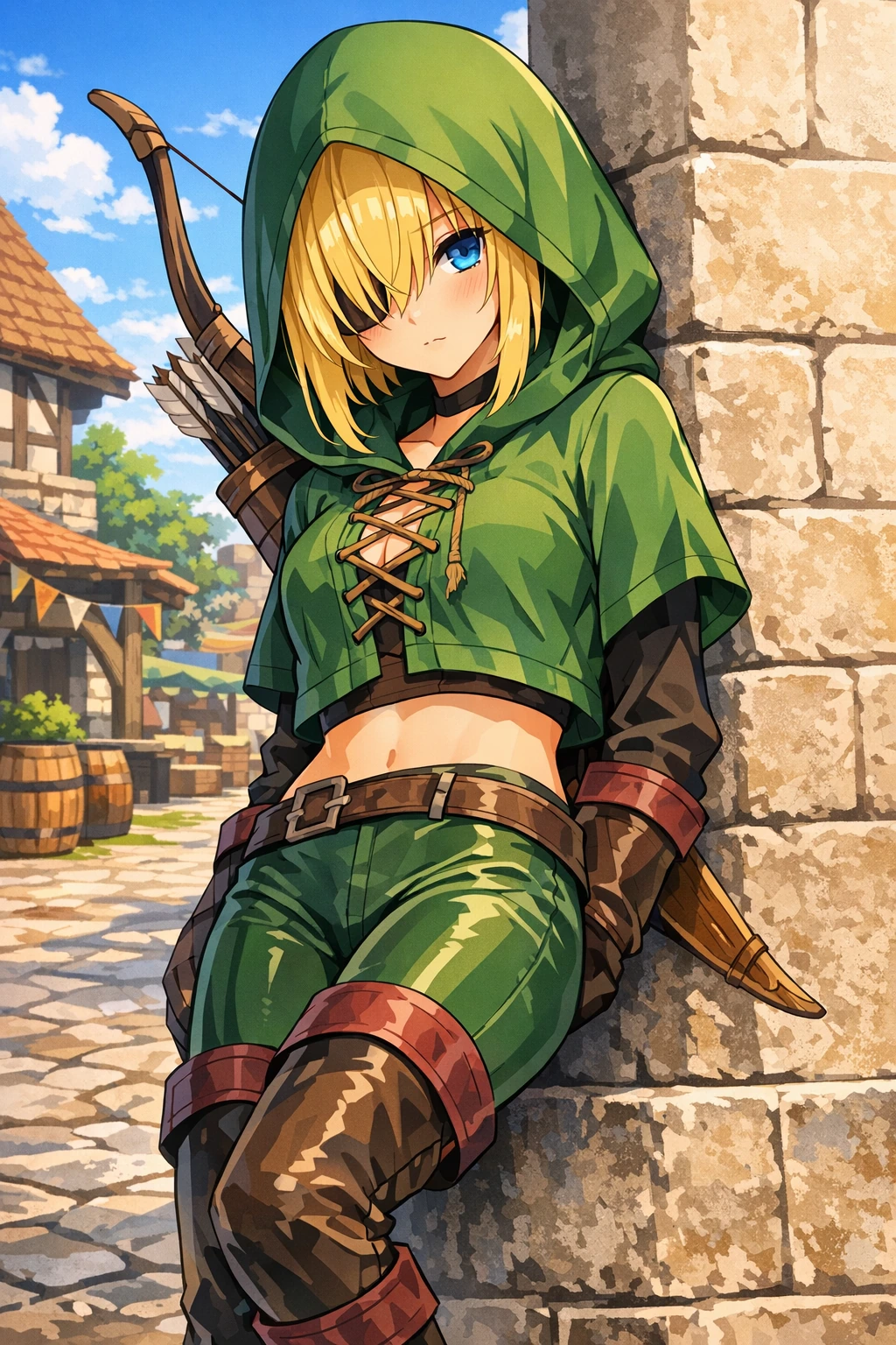 A character from an anime-style video game. She is a woman. Short, with blonde hair and long bangs that almost cover her blue eyes. She wears a green 