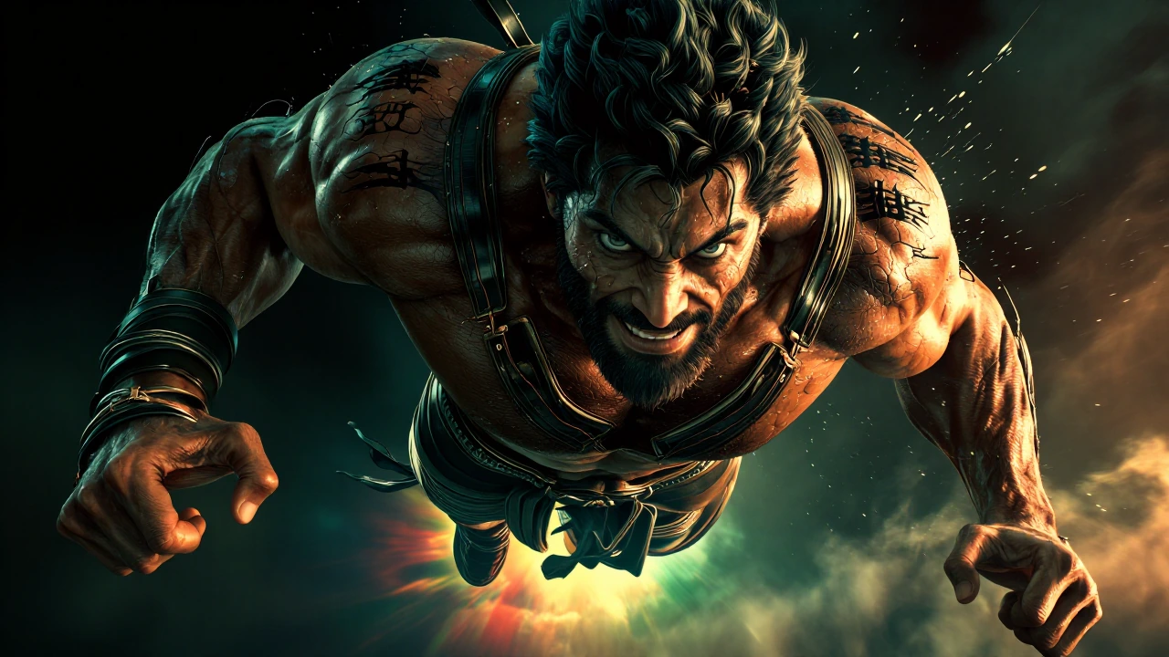 Hyper-muscular behemoth, thick black hair, trimmed beard, piercing blue eyes, loincloth garment, floating in black void, aggressive fighting stance, fierce yet friendly smile, sweat glistening on skin, dramatic lighting from below