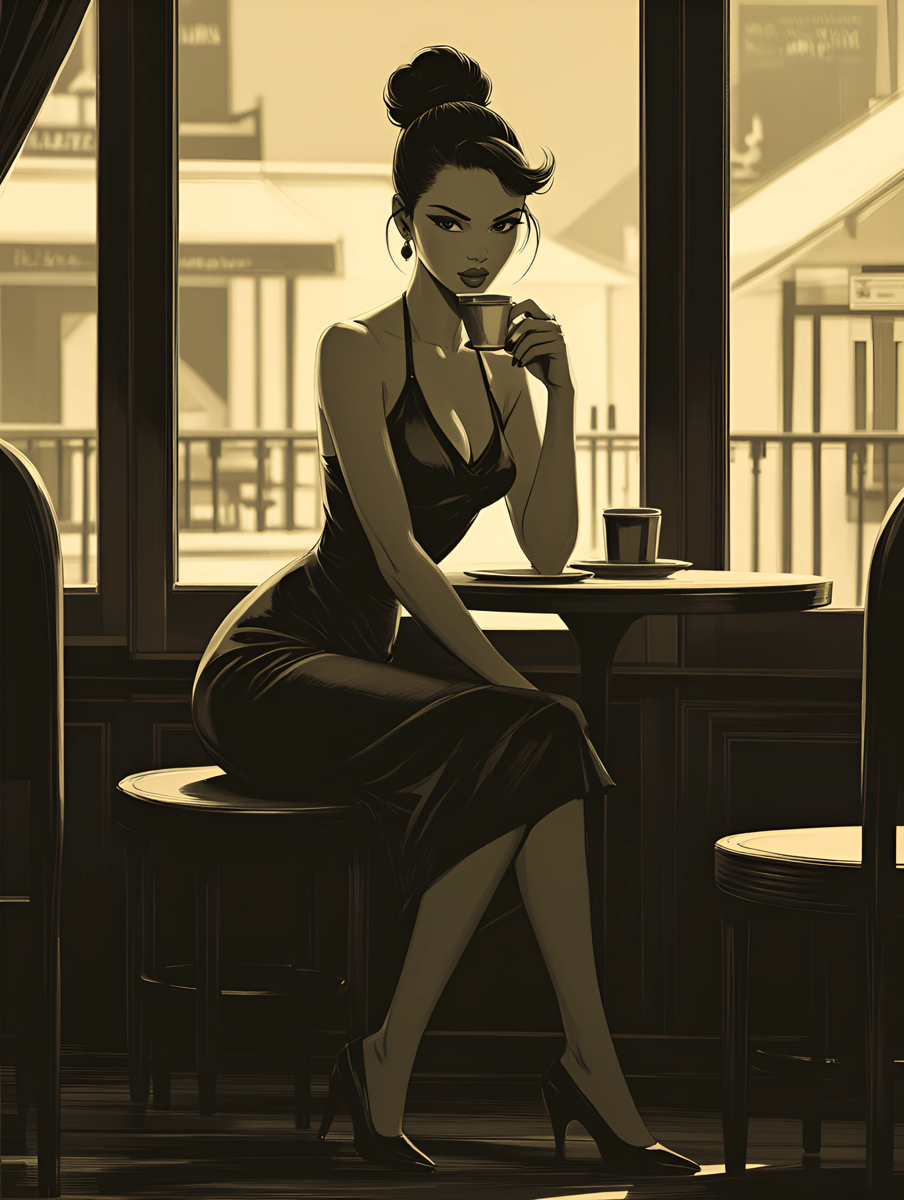 Detail Classic Disney illustration 1950 years. semi-realistic, Black-and-white image. A front-on, eye-level medium full shot captures a woman in a 1950s cinematic style, seated at a small round cafe table in Paris. She has dark hair styled in a sleek