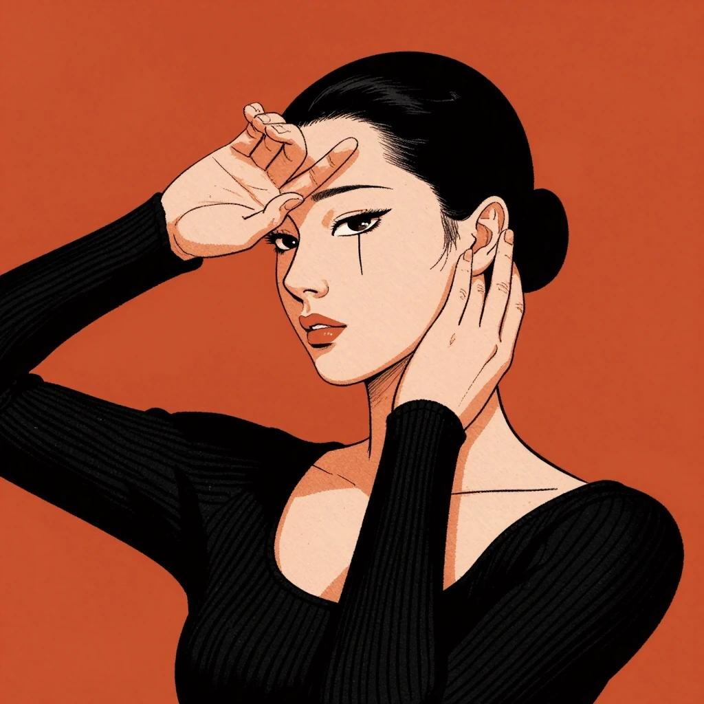 This high-resolution studio photograph presented in a three-quarter view features a stylized beauty portrait of a young East Asian woman whose head is