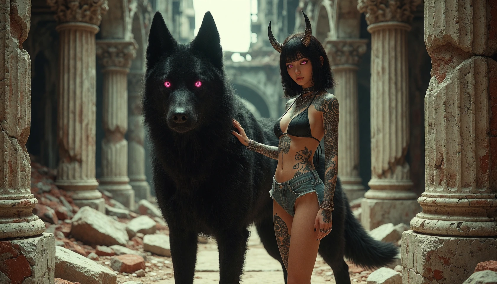a bare-armed woman with oni horns and glowing pink eyes stands in an old ruined city, her skin marked with intricate dark tattoos, wearing a bikini top and denim bottoms. beside her, a massive wolf-sized hell hound with pure black fur and glowing pin