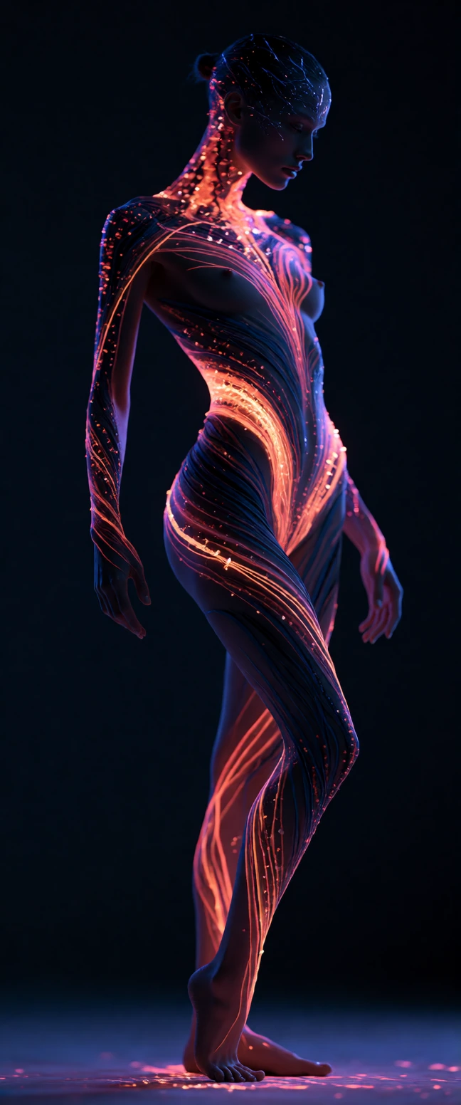 A hyper-detailed, cinematic masterwork of a striking human model standing gracefully in absolute pitch darkness, illuminated exclusively by intense, high-output ultraviolet lights.