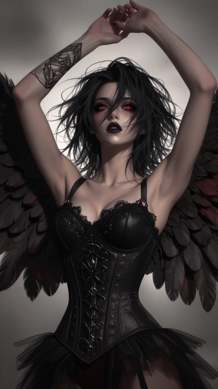 Gothic fantasy character portrait, androgynous dark-haired figure with messy windswept hair partially covering the face, intense glowing red eyes, arms raised in a dramatic pose revealing a detailed tattoo on the right arm, wearing a black form-fitti