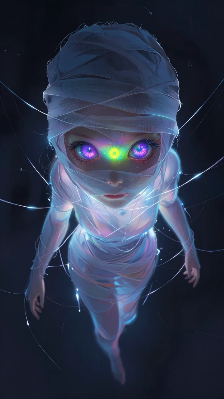 A semi-translucent, ethereal figure in a dark, surreal, dreamlike void. Details: - The figure has a hauntingly beautiful face wrapped in faint bandages that pulsate and glow. - Incorporate luminous, shimmering threads that symbolize both constraint a