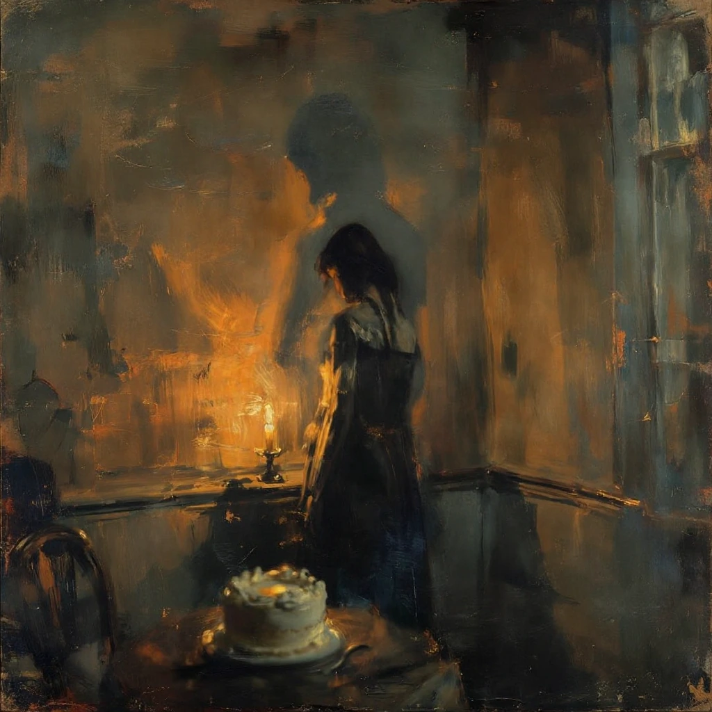 A solitary figure stands motionless in candlelit shadow, face turned away, surrounded by wavering amber light that stretches their silhouette across b