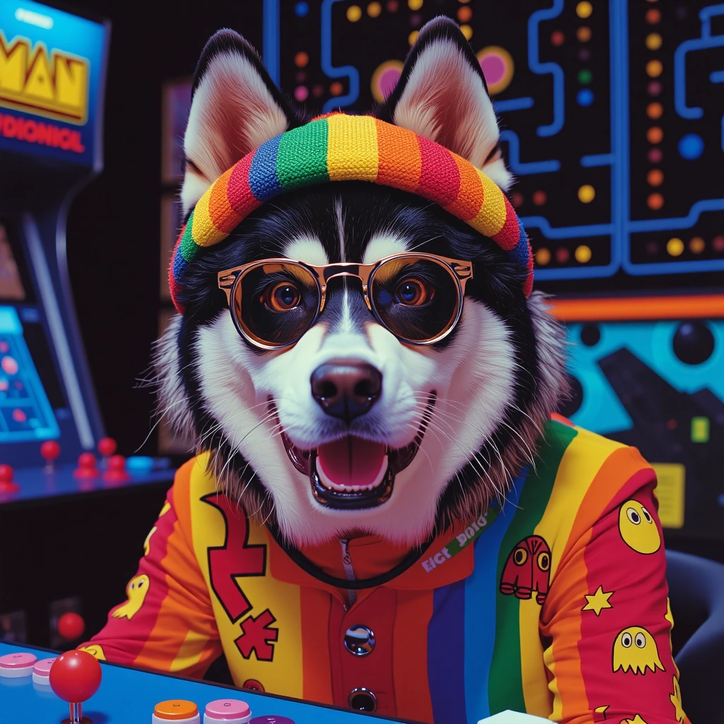 A game, arcade pacman style with a husky in rastafari cloths, retro, much neon influences