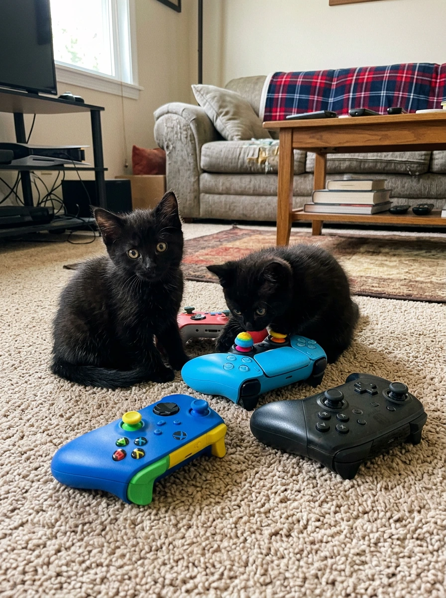 Cute black kittens near colorful game controllers. Amateur photograph normal living room.