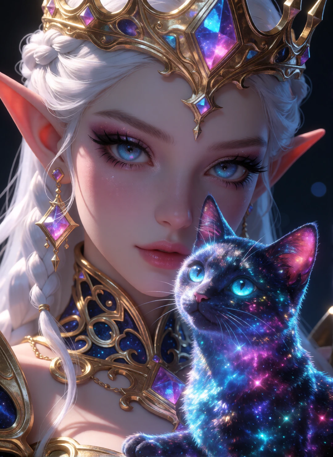 Closeup regal high elf with her shimmering galaxy cat.