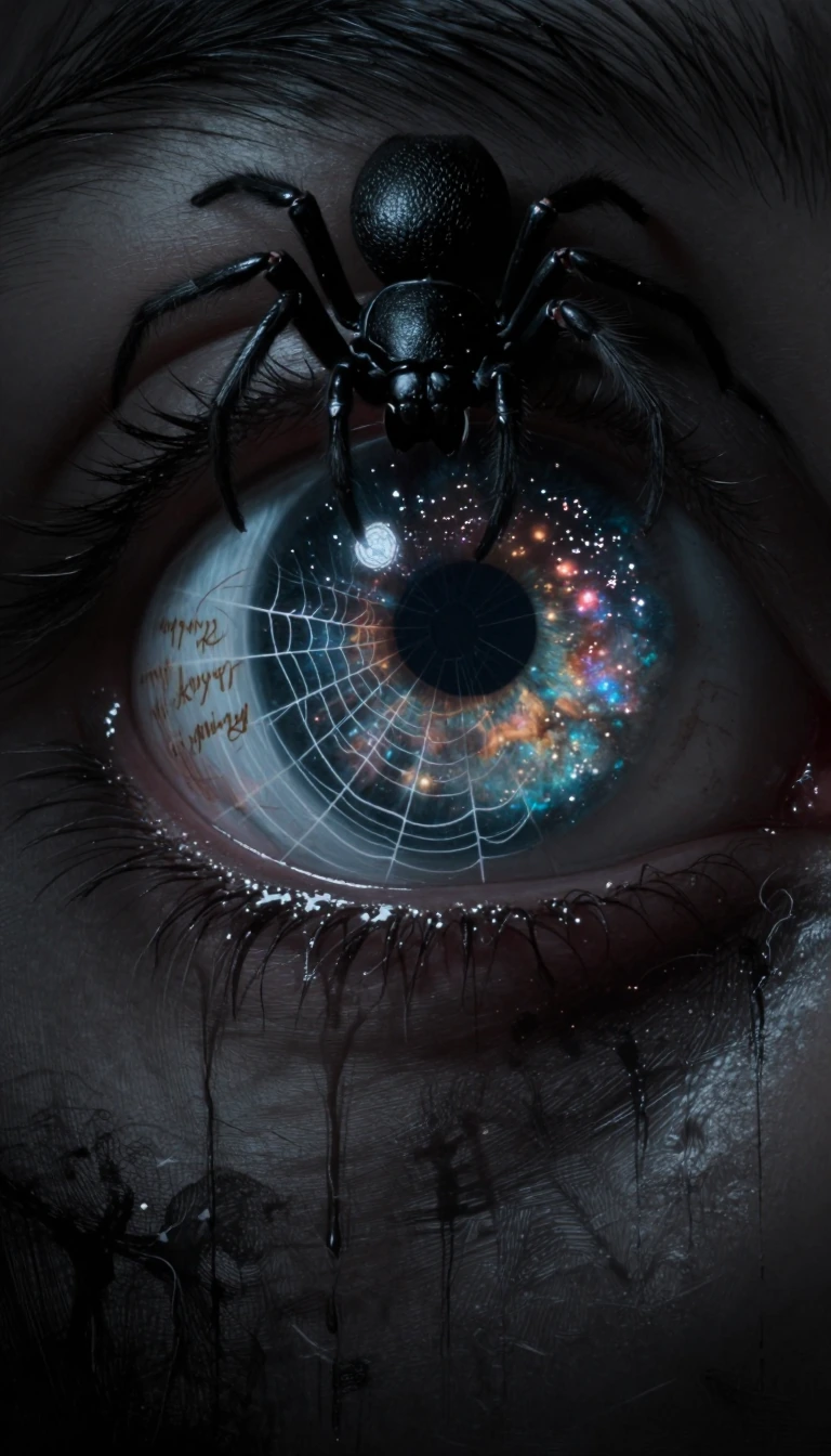 Extreme macro close-up of a human eye with a large, textured black spider crawling over the eyelid. The eyeball is translucent and filled with a sparkling cosmic nebula and glowing constellations. A delicate, glowing spider web is spun across the sur