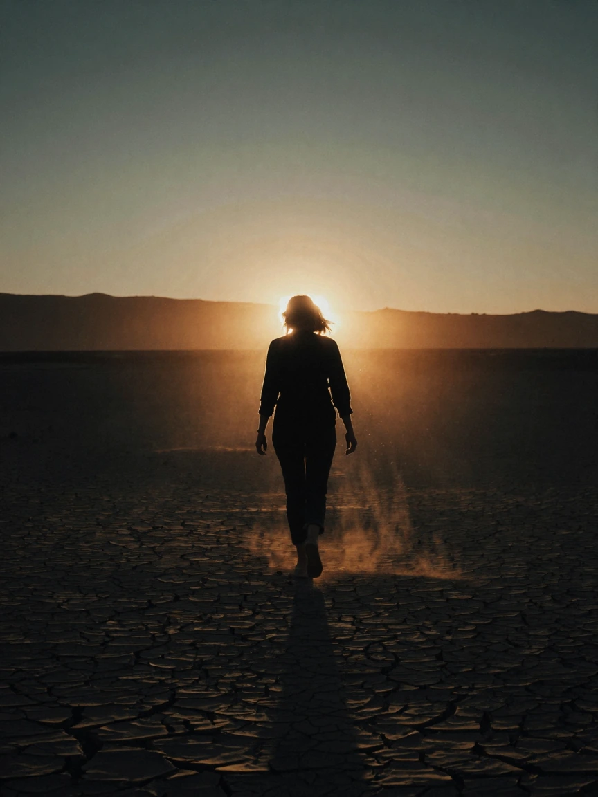 extreme wide establishing shot, woman silhouetted center-frame striding through barren wasteland, over-the-shoulder perspective, anamorphic lens with characteristic horizontal flares, shallow depth of field isolating figure against blurred dunes, Kod