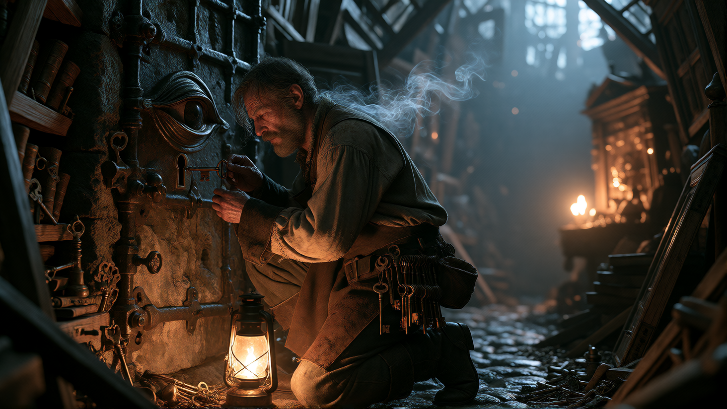 Portray a weathered locksmith crouched before an impossibly ancient door embedded in a crumbling stone wall, his leather apron scarred with decades of brass filings and his gnarled hands threading a skeleton key into a lock shaped like a sleeping eye