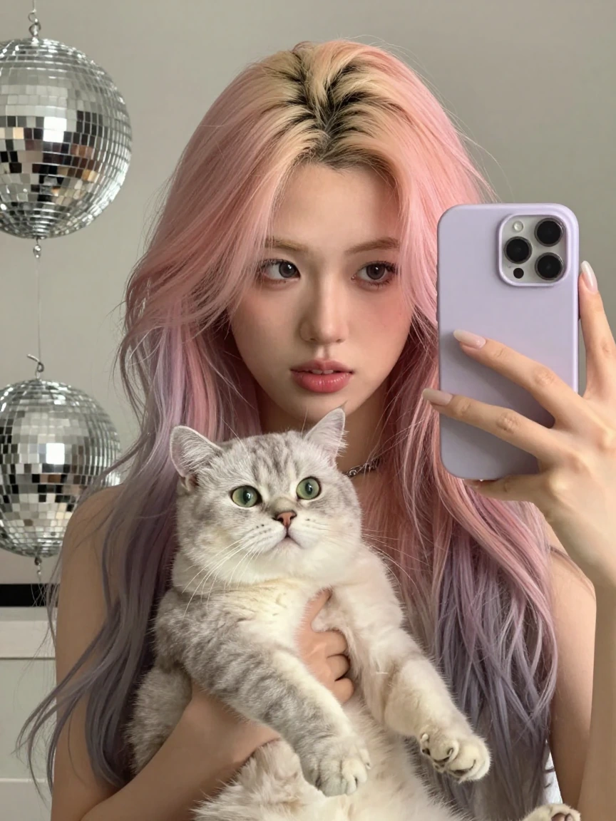 Crazy girlfriend pastel hair taking a selfie with her cat at a disco