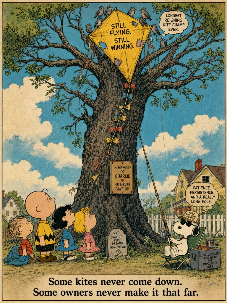 The Kite That Outlived Its Owner — Humorous Charlie Brown Prompt Create a humorous, nostalgic comic-strip scene inspired by the classic Peanuts/Charlie Brown aesthetic: a lonely yellow kite sits proudly tangled at the very top of a ridiculously tall 