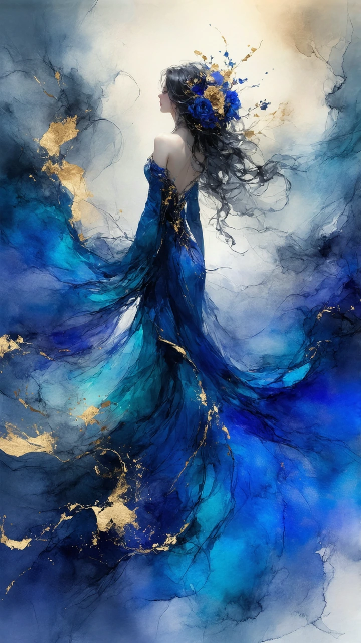 A striking fantasy art portrait of an elegant woman seen from behind, standing gracefully in a flowing couture gown with elaborate swirling fabric, de