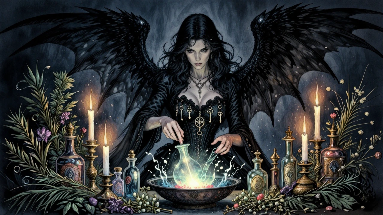 Raven-winged witch in gothic apothecary, stirring luminous potion, black corset gown adorned with keys and talismans, smoky eyes, midnight mood, dark magic, candlelit shadows, ornate bottles and herbs surrounding, mysterious and enchanting.